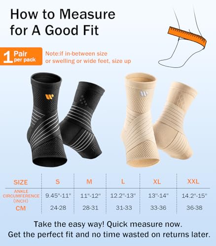 Low-Profile Ankle Braces for Women & Men, Customizable Ankle Compression Sleeve w/Wide Strap, Foot Support Wrap for Plantar Fasciitis Pain Relief, Achilles Tendonitis, Sprain, Beige, 1 Pair, S