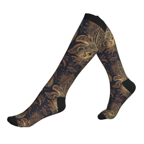 Compression Socks Knee High Circulation Support Socks For Women Men Athletic Running Hiking Cycling - color: Gold Paisley