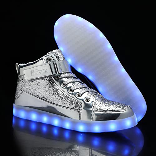 IGxx LED Light Up Shoes for Men Women Sparkly Sneakers High Top - color: Glitter Silver, size: 12.5 Women/12 Men