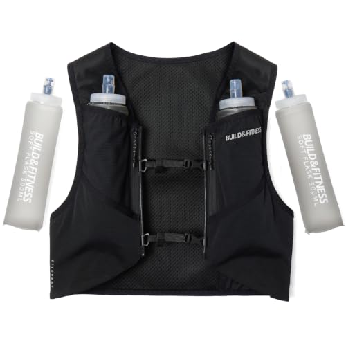 Build & Fitness LITEVEST Running Vest with 2X 500ml Soft Flasks – 7 Pockets, Lightweight, Breathable Hydration Vest – Premium, Secure, Comfort & Style for Training, Trails, Marathons & Everyday Runs - size: L / XL