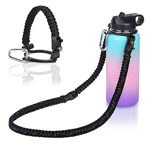 Wongeto Paracord Handle Carrier Holder with Shoulder Strap,Compatible with Hydro Flask Wide Mouth Water Bottles - color: Black/Compass