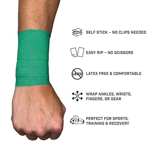 Self Stick Athletic Tape – 2” x 6.5 Yards – Latex-Free, Easy Rip Sports Wrap for Football, Baseball, Soccer, Wrist, Ankle, Finger & Injury Support (Green) - color: Green