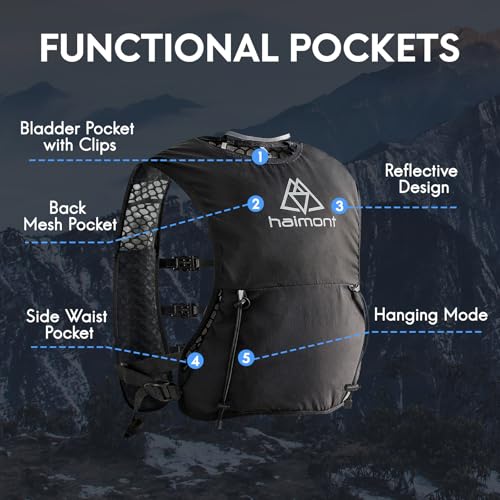 Haimont 5L Trail Running Hydration Vest with Soft Flasks - color: Black, size: Large