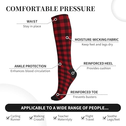 Compression Socks Knee High Support Stockings Women Men - color: Red Black Plaid