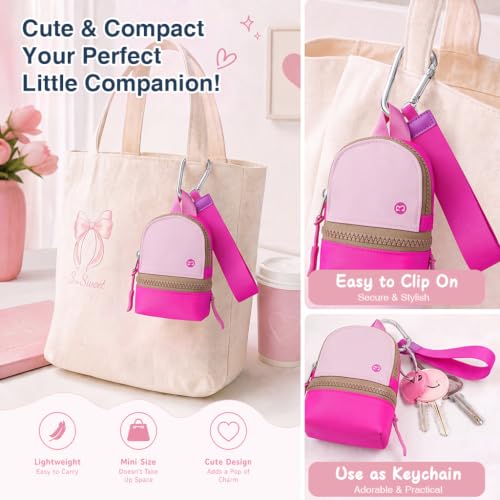 Babysun Mini Backpack Keychain Wristlet Pouch Small Change Coin Purse Cute Zipper Wallet With 3 RFID Card Slots For Women/Men Airpods Cosmetics - color: Hotpink