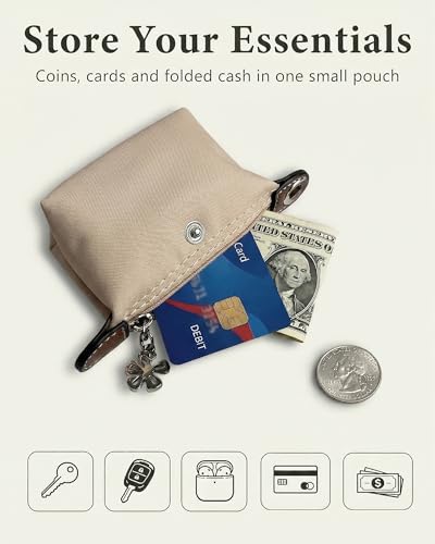 Wuflyover Coin Purse for Women, Mini Nylon Change Purse with Keychain, Small Zip Pouch for Coins, Cash, Cards (brown) - color: brown