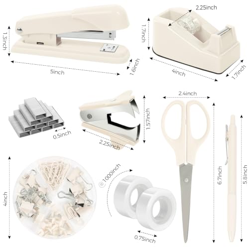 SKYDUE Office Supplies Set, Stapler and Tape Dispenser Set,10PCS - color: Beige
