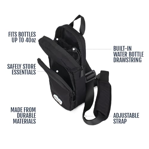 Ello Crossbody Sling Water Bottle Bag | Fits 24oz | Pockets, Adjustable Strap, Drawstring Fastener, Machine Washable - color: Black