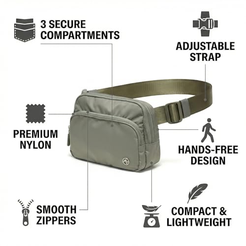 Pander Nylon Crossbody Belt Bag with Excess Strap Keepers, 6-Pocket Adjustable Sling Fanny Pack for Travel and Everyday Carry, Grey Sage - color: Grey Sage