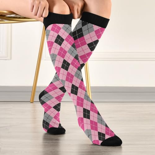 JUNZAN Buffalo Plaid Red Black Knee High Socks Compression Socks for Women Men Kid for Running Sports Nurse - color: Argyle Plaid Pink Black