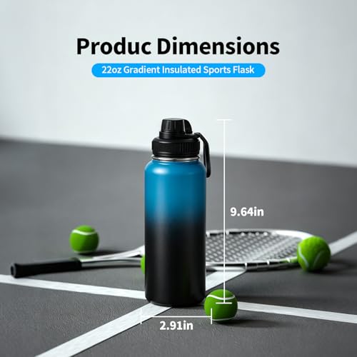 22 Oz Insulated Water Bottle with Handle, 304 Stainless Steel Sports Water Bottle, Wide Mouth Travel Bottle, Blue & Black