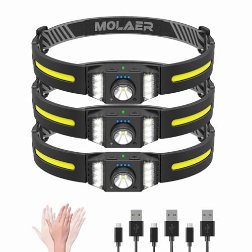 LED Headlamp Rechargeable 3PCS, Wide Beam Bright Headlight Flashlight with White Red Light, Lightweight, Weatherproof, 9 Modes Motion Sensor Head Lamp for Outdoor Camping Running - color: 3-PACK