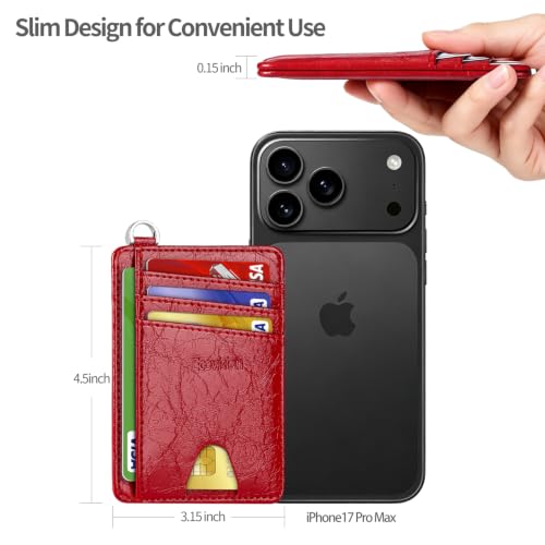 Slim Minimalist Front Pocket Wallet, RFID Blocking Credit Card Holder Wallet with Integrated D-Shackle for Men Women - color: Glossy Red