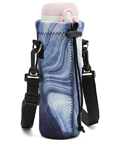 RICHEN Neoprene Water Bottle Carrier Bag with Adjustable Shoulder Strap,Insulated Water Bottle Cover for Stainless Steel/Glass/Plastic Bottles - color: Blue Marble, size: 500ml