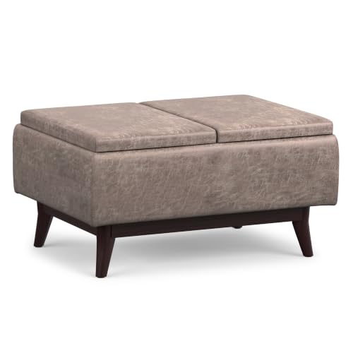 SIMPLIHOME Owen 34" Wide Vegan Leather Rectangle Tray Top Ottoman in Grey - color: Distressed Grey