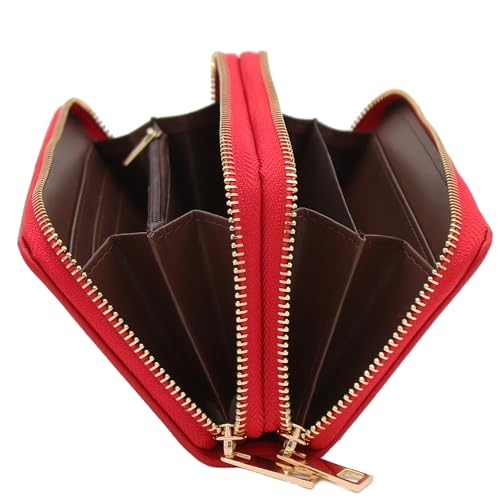 FashionPuzzle Double Zip Around PU Leather Wristlet Cell Phone Wallet - color: Red