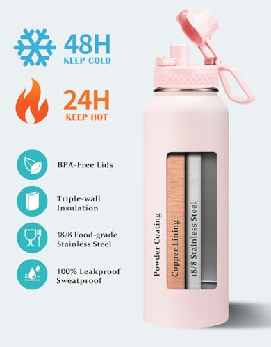 Pink 40 oz Insulated Water Bottle - with Straw Spout Lids, Triple Wall Stainless Steel Water Bottles Cold 48H Hot 24H, Wide Mouth Hydro Bottle Metal Flask with Handle, Strap Carrier Bag for Women - color: Pink, size: 40 Ounces