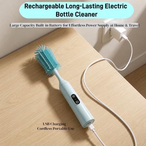 Electric Bottle Brush, Rechargeable Auto Spinning Bottle Cleaner, All-in-One Cleaning Kit with Multi Brush Heads & Stir Stick for Baby Bottles & Drinkware, Great Household Helper and Ideal Gift - color: Light Blue