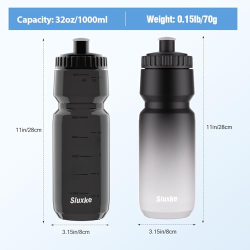 SLUXKE Squeeze Water Bottle 32oz, 2Pack Bike Water Bottle Leak Proof, 1000ml BPA Free for All Fitness and Cycling Fast Flow Valve - color: Gray White & Black, size: 32 Ounces