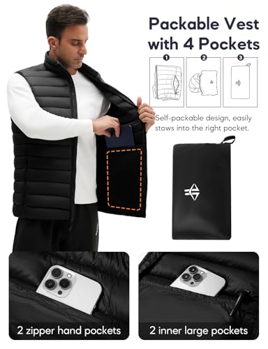 WHN Men's Puffer Vest Outerwear Lightweight Packable Sleeveless Jacket - color: Black, size: X-Large