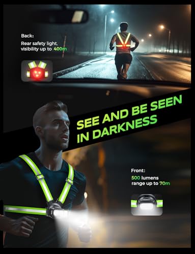 Viccux 500LM High-Vis Running Lights for Runners with Rear Light, Adjustable 45° Beam & 360° Reflective Vest, IPX4 Waterproof Running Vest Light for Night Walking/Cycling/Jogging, 3.5-20Hrs Runtime
