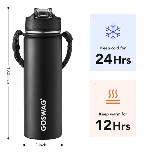 GOSWAG 24oz Insulated Stainless Steel Travel Water Bottle, 2 Lids - color: Matte Black