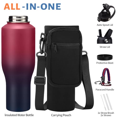 40 oz Insulated Water Bottle with Straw Lid & Pop-up Spout Lid, Carrier Bag - color: Gradient Claret, size: 40 Ounces