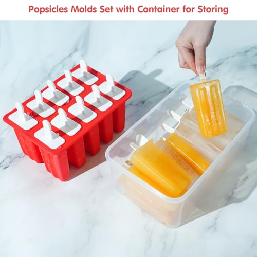 10-Cav Popsicle Molds, Silicone Ice Pop Mold for DIY Frozen Treats - color: Red+Bin