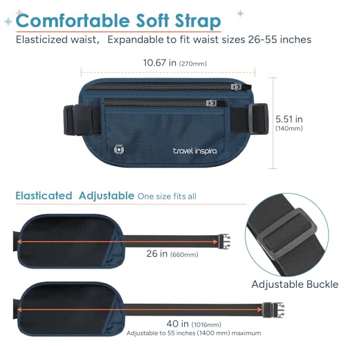 Travel Money Belt with Slim Anti-Theft RFID Passport Holder for Travel - color: Navy Blue