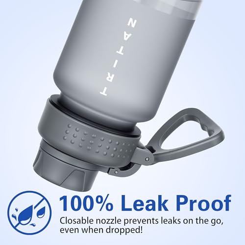 OLDLEY 32 oz Water Bottle with Handle, BPA-Free Tritan Reusable Sports Water Bottle with Leak-Proof Dust Lid, Wide Mouth, Cup Holder Friendly, Half Frosted Clear Bottle for Gym, Travel, Work,Gray - color: Gray