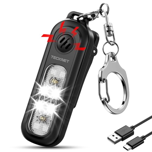 TECKNET Clip-On Personal Alarm with LED Light, USB-C Rechargeable, Black - color: Black