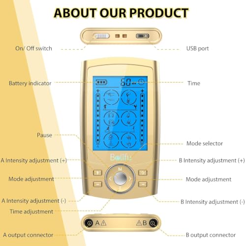 Belifu Dual Channel TENS EMS Unit 24 Modes Muscle Stimulator for Pain Relief Therapy, Electronic Pulse Massager Muscle Massager with 10 Pads, Dust-Proof Drawstring Storage Bag, Fastening Cable Ties - color: Gold