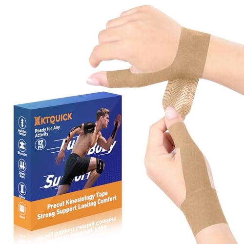 KTQUICK Precut Kinesiology Tape for Thumb Right, 12 PCS, 20% Stronger,Beige - color: Beige, size: RIGHT