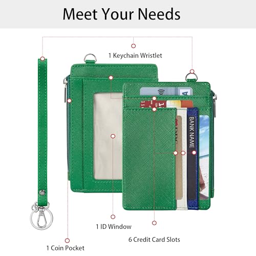 SEAVILIA Small Wallet for Women Slim Wristlet Keychain Wallets RFID Credit Card Holder With Zipper Pocket, ID Window (Green) - color: Green