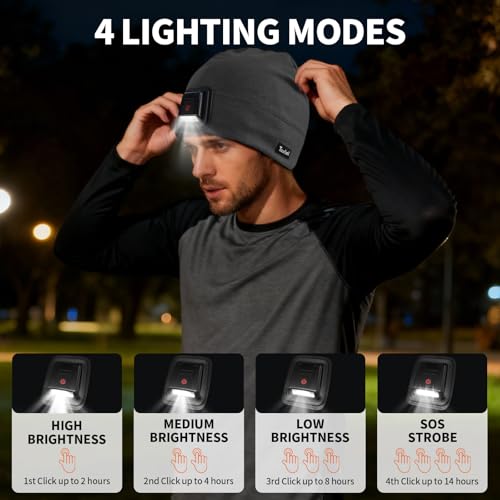 Taximi Led Beanie with Light, USB Rechargeable Headlamp Beanie, Fleece Flashlight Hat for Running, Gift for Men Dad Husband - color: Dark Gray