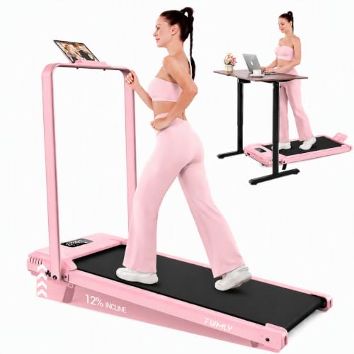FUNMILY Upgrade Walking Pad Folding Treadmill with 12%/15% Incline & Handle Bar, 3.5HP Foldable Under Desk Compact Treadmills for Home/Office/Gym, 400+lb Capacity, Shock Absorption - color: Best Pink