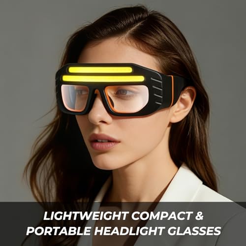 LED Glasses Rechargeable Headlight with COB Light and Clear PC lens, Hands-Free Flashlight Glasses for Mechanics, Night Running Cycling Camping Fishing - Water Resistant Headlamp for Adults