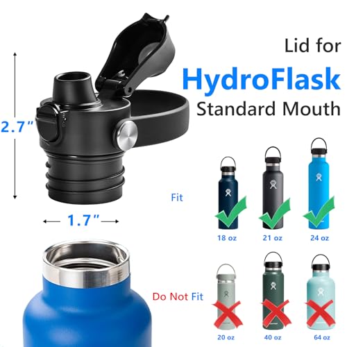 EIPOSAU Auto Flip Lid for Hydro Flask Standard Mouth Bottle, Spout lid for HydroFlask Narrow Mouth Bottle, Replacement Lid with Button Lock - color: Black Spout Lid with Black Straw Lid