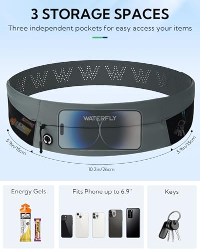 WATERFLY Running Belt Fanny Pack: Slim Lightweight Waist Bag for Runners - color: Grey