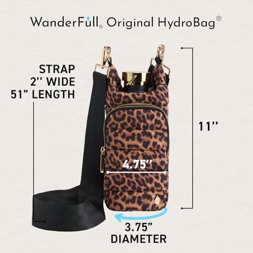 WanderFull® Original HydroBag®, Fits Up to 32 oz Water Bottle Holder with Strap, Gift for Women, Hands-Free Crossbody, Water Bottle Carrier Bag with Phone Pocket - color: Leopard Print