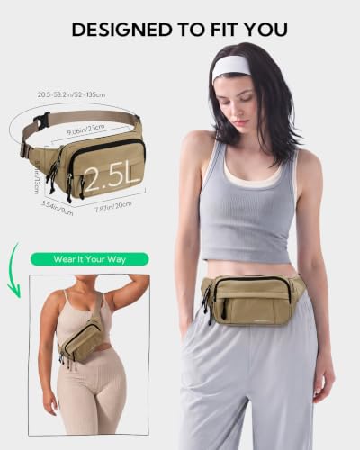 WATERFLY Fanny Pack Waist Bag: 2.5L Large 5 Zipper Pockets for Women Men - color: Khaki