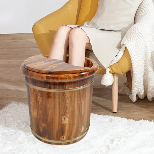Wooden Foot Bath Bucket Foot Soaking Bath Basin with Lid Wood Footbath Barrel with Massage Beads Plate Pedicure Barrel for Spa, Massage, Sauna 15.75 * 15.75in (Brown) - color: Brown