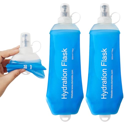 2 Pack 500ml Soft Flask, Shrink As You Drink Collapsible Water Bottles for Running Vest & Hydration Pack, BPA-Free Leak-Proof TPU Folding Bottle for Hiking Cycling Climbing Jogging-Blue - color: Blue