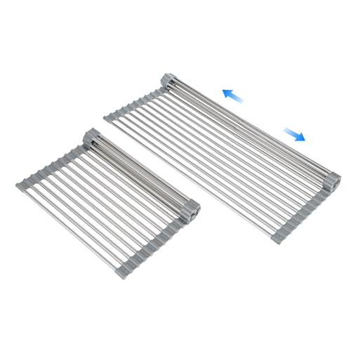 Large Expandable Roll Up Dish Drying Rack, Heat-Resistant Dish Drainer for Stainless Steel Sinks, Over The Sink Non-Slip Silicone Rollable Dish Drainer Roll Rack 18 Tube Gray 21.25''x12.79'' - size: Gray+Silver Tube
