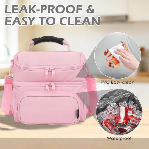 FlowFly Double Layer Cooler Insulated Lunch Bag Adult Lunch Box Large Tote Bag for Men, Women, With Adjustable Strap,Front Pocket and Dual Large Mesh Side Pockets - color: Pink#2