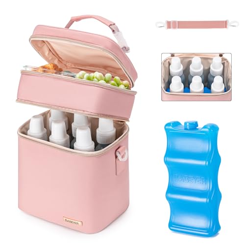 Breastmilk Cooler Bag with Ice Pack Fits 6 Baby Bottles Up to 9 Ounce, Double Deck Leak-Proof Baby Bottles Bag with Shoulder Strap for Nursing & Working Mom, - color: Pink