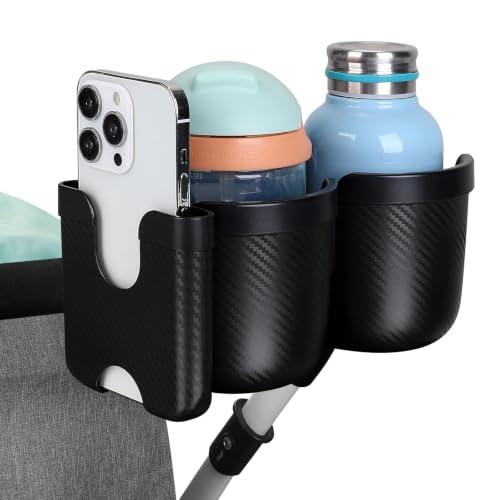 Accmor Stroller Cup Holder with Phone Holder, Bike Cup Holder, Walker Scooter Wheelchair Cup Holder Attachment, Universal Cup Holder for Uppababy Graco Strollers - color: Double Holder-All Black Texture