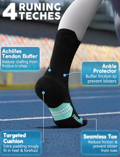 Juclise Women's Compression Crew Running & Hiking Socks, 3 Pairs, Cushioned - color: Classic Black*2+aqua Black*1, size: Large