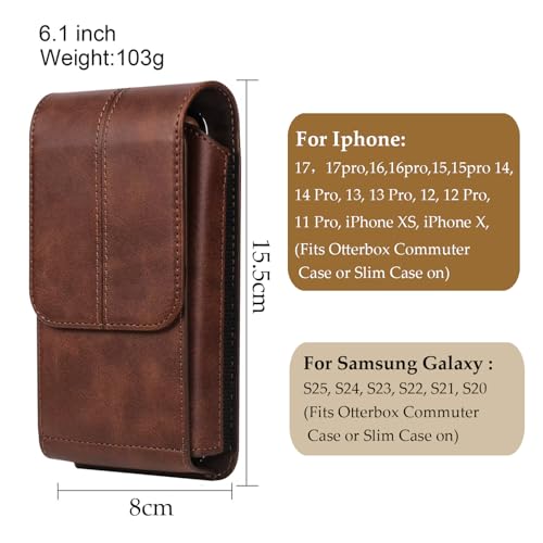 Belt Phone Holster with Clip Compatible with iPhone 17/16/15/14/13/12/11/XS, Galaxy S25/S24/S23/S22/S21, PU Leather Belt Phone Pouch Belt Case Waist Bag ID Card Pouch Protective Cover for Men, Brown - color: L(15.5*8*2 CM), size: Brown