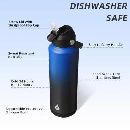 BJPKPK 2 Pack 40oz Insulated Water Bottles with Straw Lids, Stainless Steel - color: 2 X Black Blue, size: 40 Ounces